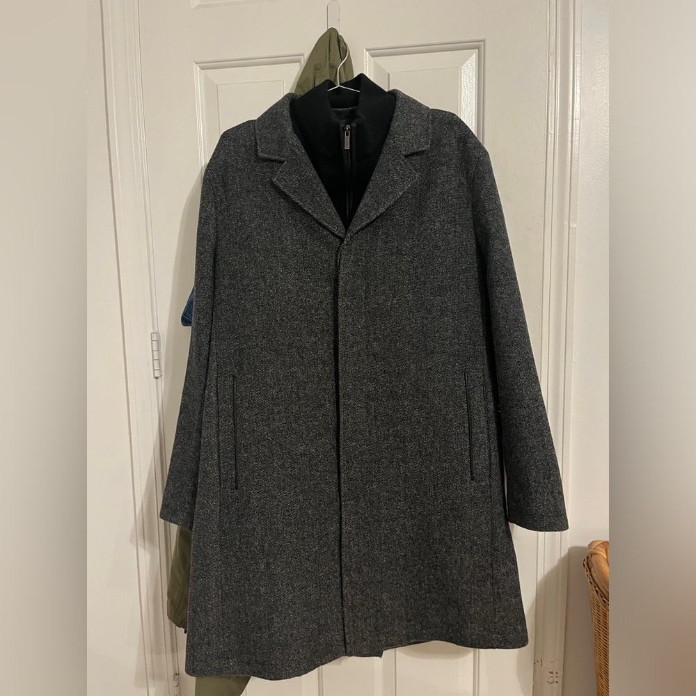 Cole Haan Sweater Bib Wool Blend Twill Coat (Grey, Large)